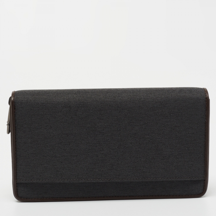 Pre Owned TUMI Grey/Brown Canvas and Leather Travel Zip Around Wallet 