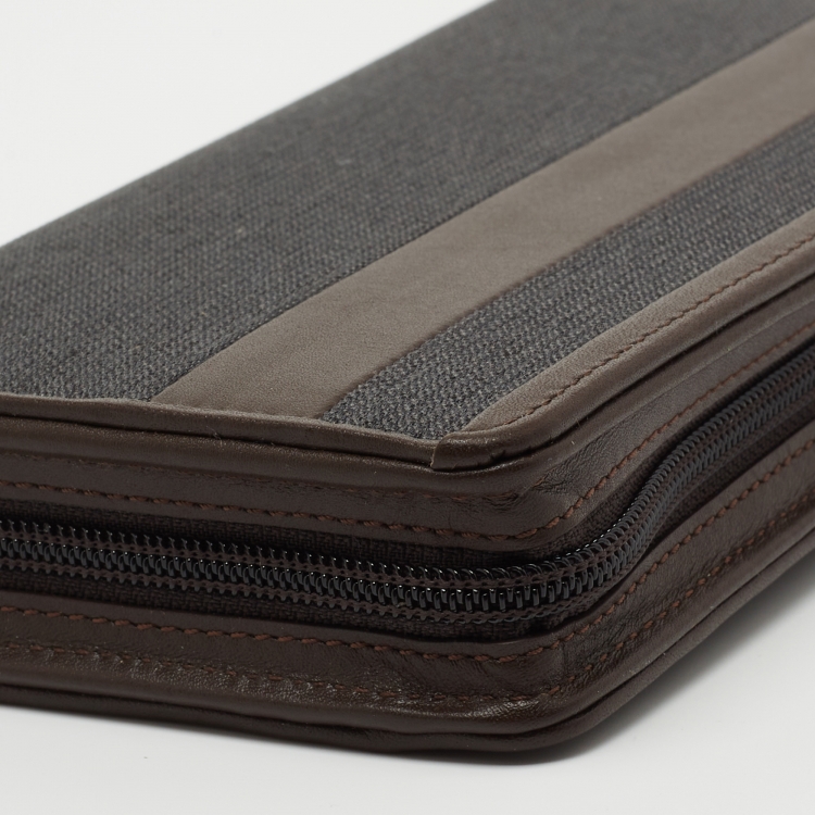Pre Owned TUMI Grey/Brown Canvas and Leather Travel Zip Around Wallet 