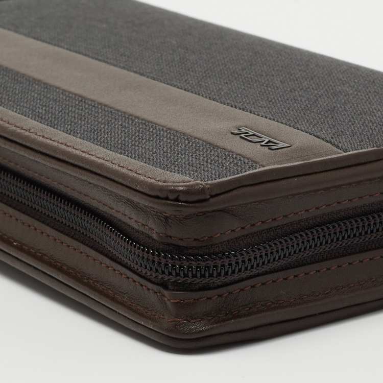 Pre Owned TUMI Grey/Brown Canvas and Leather Travel Zip Around Wallet 