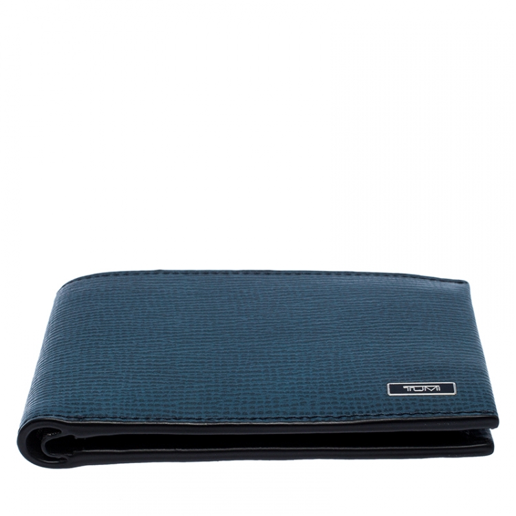 Pre Owned Tumi Blue ID Lock Leather Double Billfold Wallet