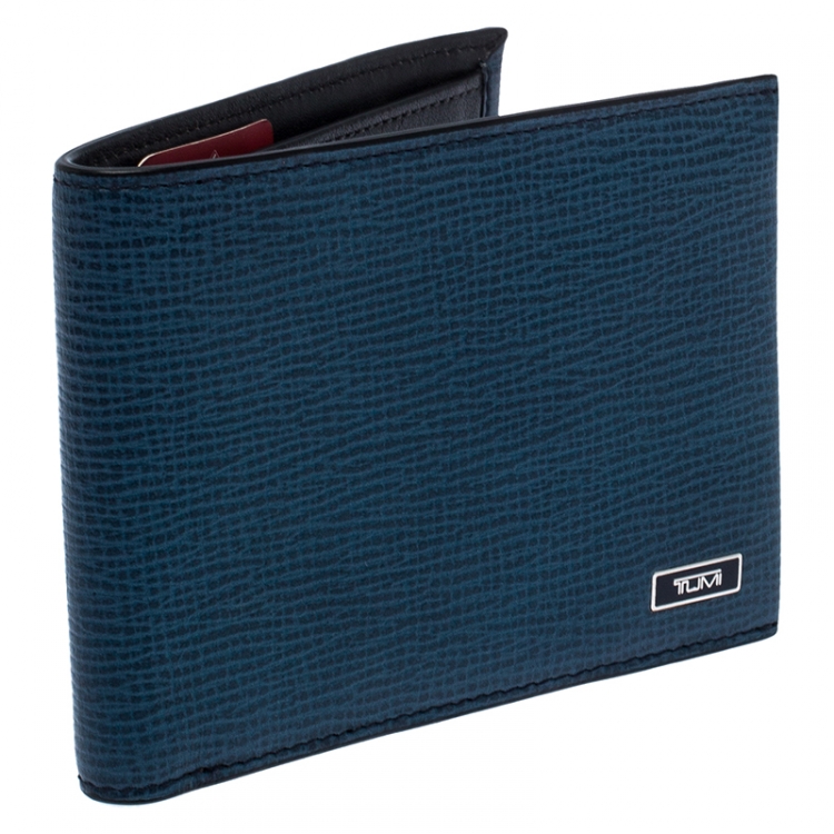 Pre Owned Tumi Blue ID Lock Leather Double Billfold Wallet