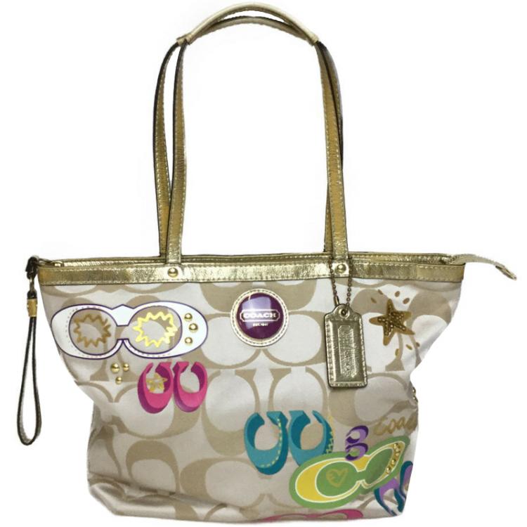 Pre Owned Coach Gold/Beige Signature Satin Tote Bag