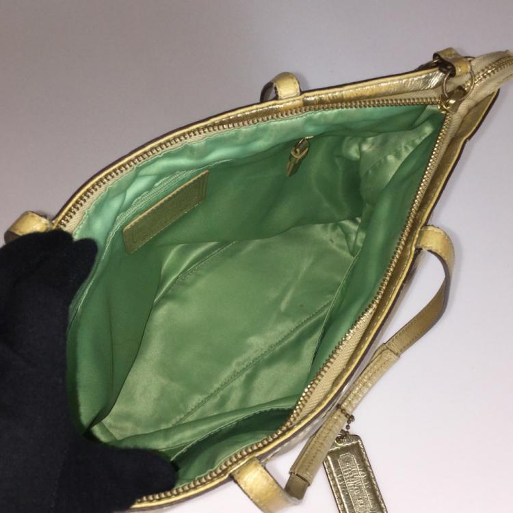 Pre Owned Coach Gold/Beige Signature Satin Tote Bag