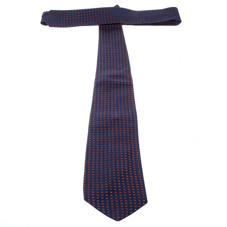 Pre Owned Valentino Navy Blue and Brown Square Embroidered Silk Tie