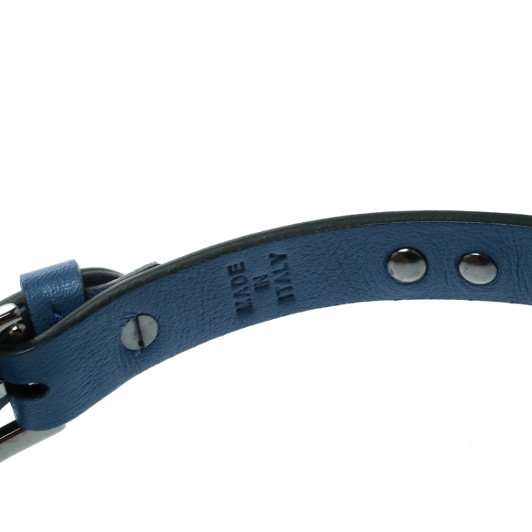 Pre Owned Valentino Rockstud Blue Leather Gunmetal Tone Double Wrap Bracelet
