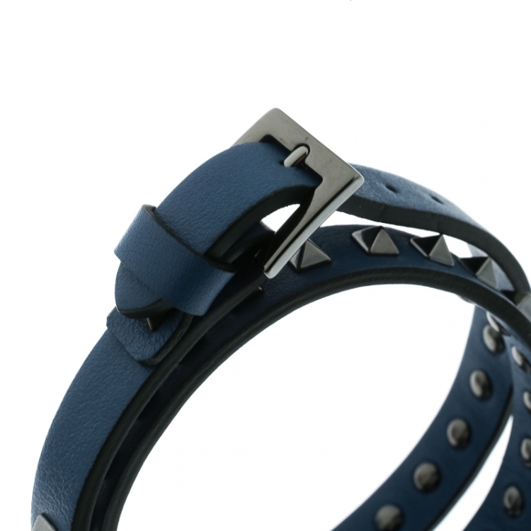 Pre Owned Valentino Rockstud Blue Leather Gunmetal Tone Double Wrap Bracelet