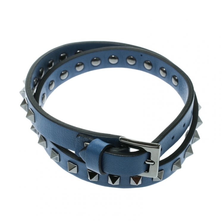 Pre Owned Valentino Rockstud Blue Leather Gunmetal Tone Double Wrap Bracelet