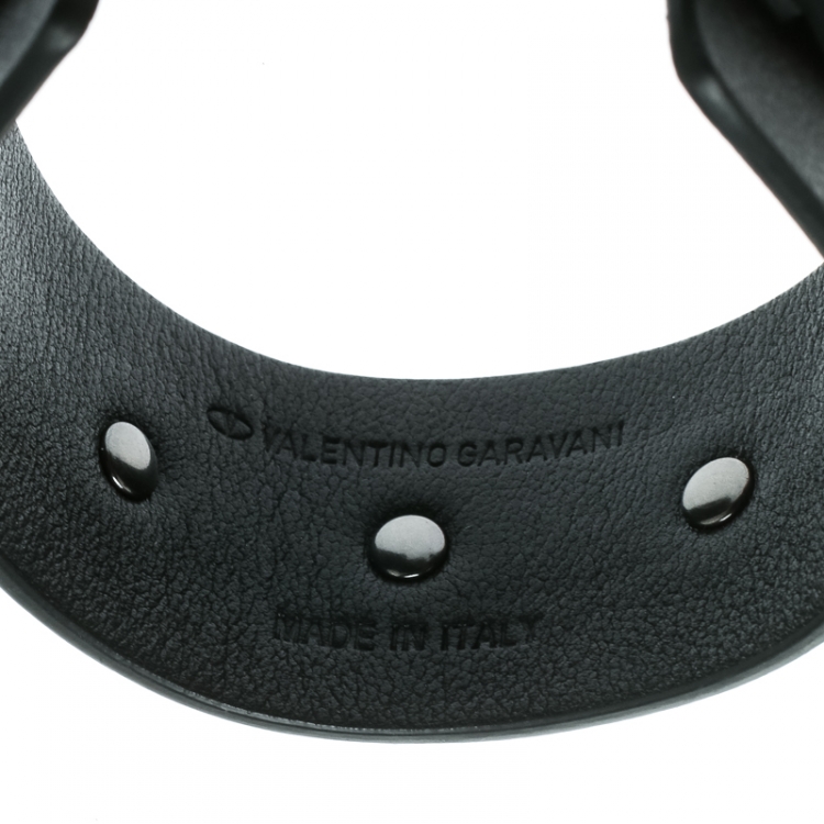 Pre Owned Valentino Large Rockstud Bi Color Leather Gunmetal Tone Cuff Bracelet 