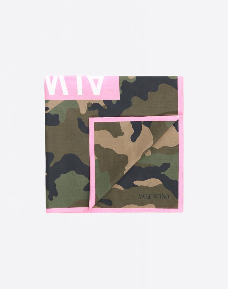 Pre Owned Valentino Army/Soft Pink Camouflage Printed Cotton Bandana Scarf