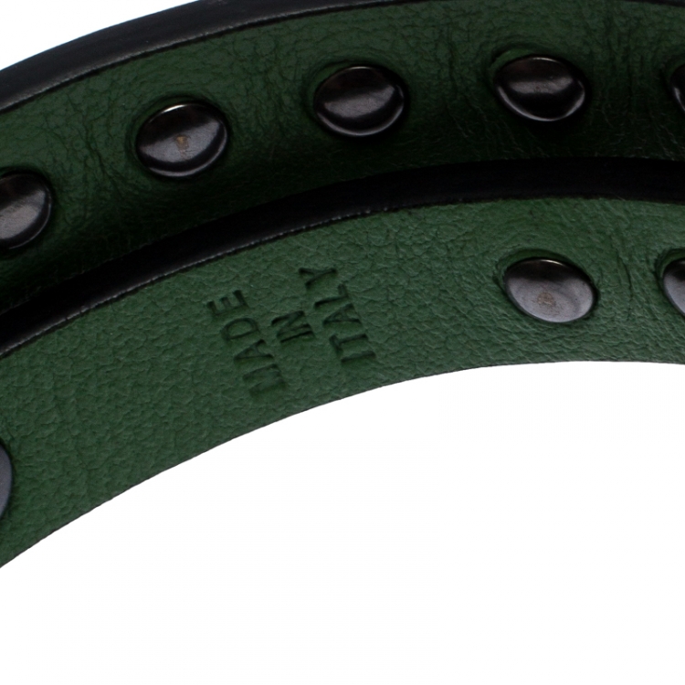 Pre Owned Valentino Rockstud Green Leather Gunmetal Tone Wrap Bracelet