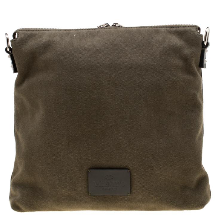 Pre Owned Valentino Olive Canvas Rockstud Bordado Messenger Bag