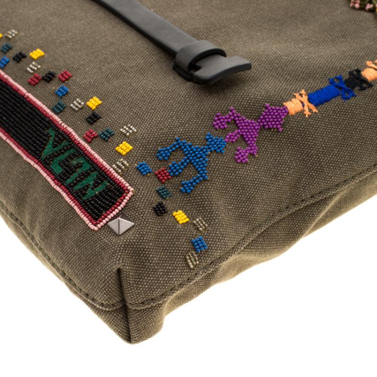 Pre Owned Valentino Olive Canvas Rockstud Bordado Messenger Bag