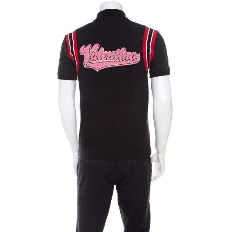 Pre Owned Valentino Black Stripe Cotton Polo T-Shirt L