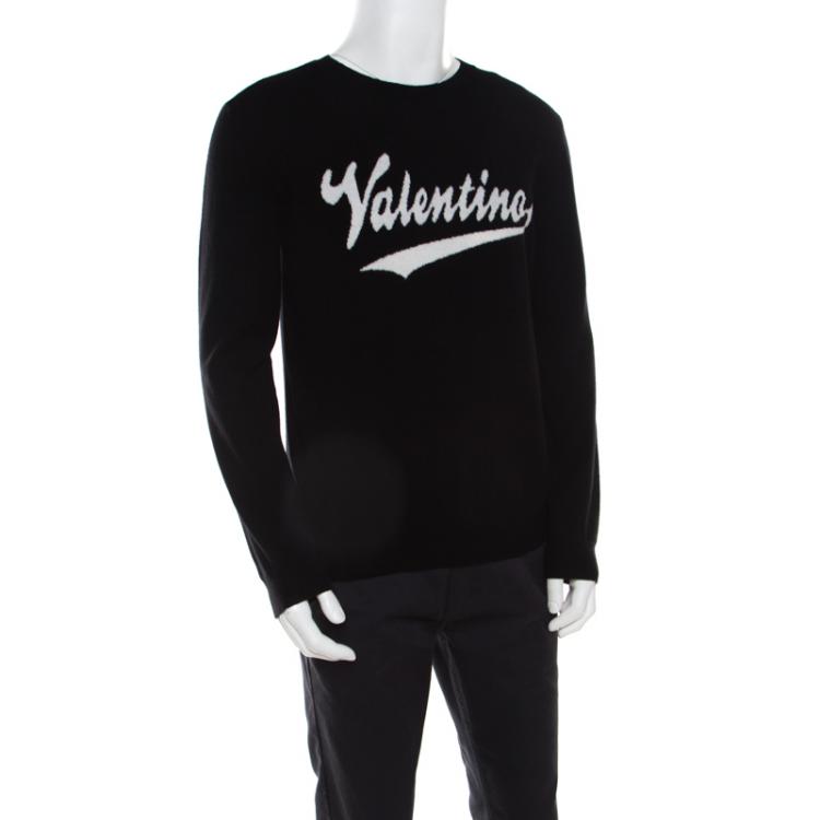 Valentino Black Wool Logo Intarsia Crew Neck Pullover Sweater L