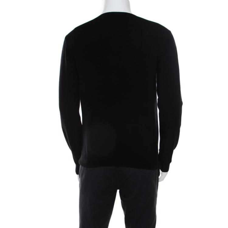 Pre Owned Valentino Black Wool Logo Intarsia Crew Neck Pullover Sweater L
