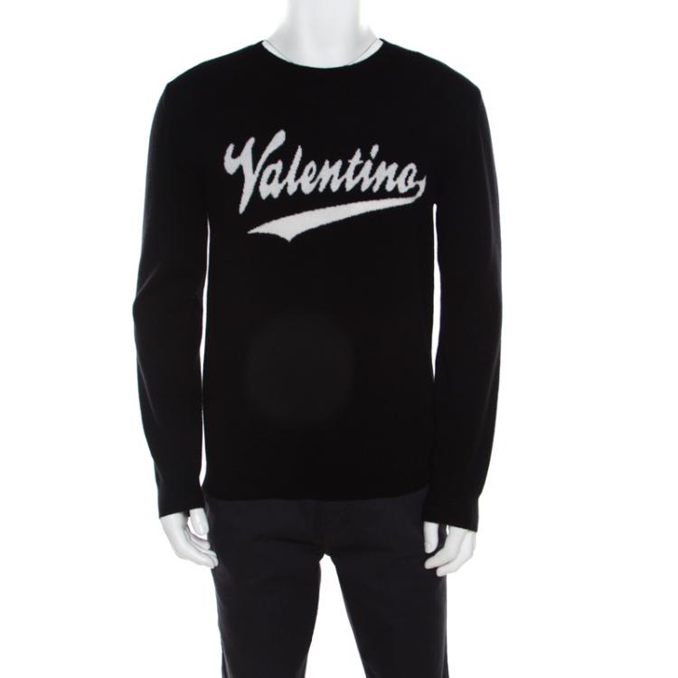 Pre Owned Valentino Black Wool Logo Intarsia Crew Neck Pullover Sweater L