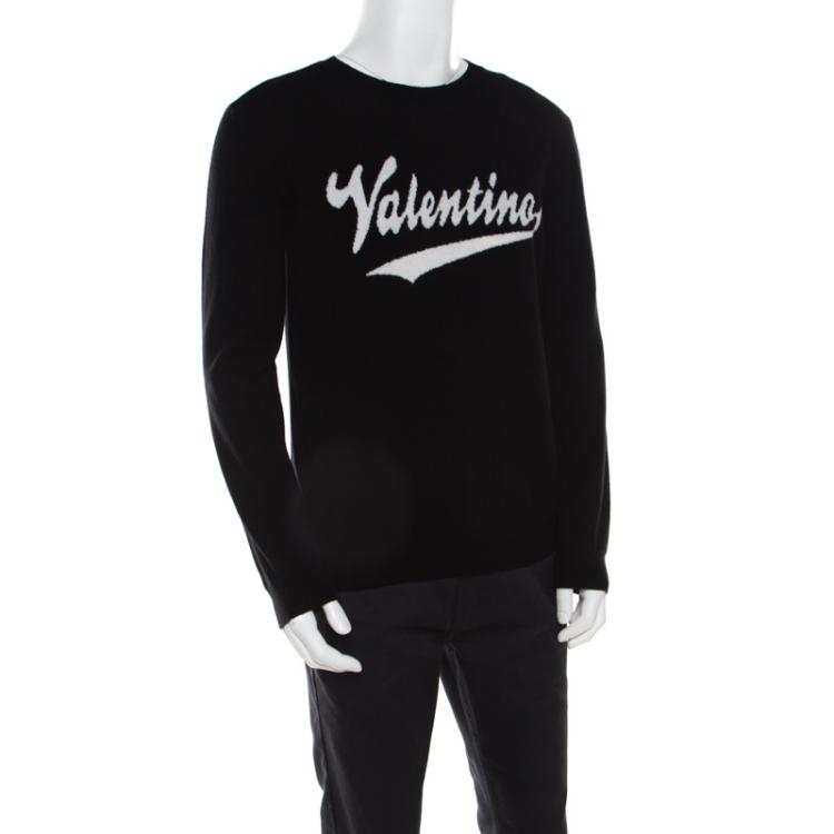 مملوكة مسبقًا Valentino Black Wool Logo Intarsia Crew Neck Pullover Sweater S