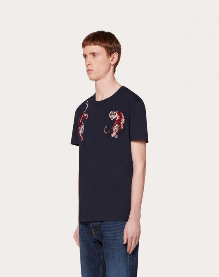 Pre Owned Valentino Dark Blue Cotton Go Tiger Embroidered Crew Neck T Shirt S