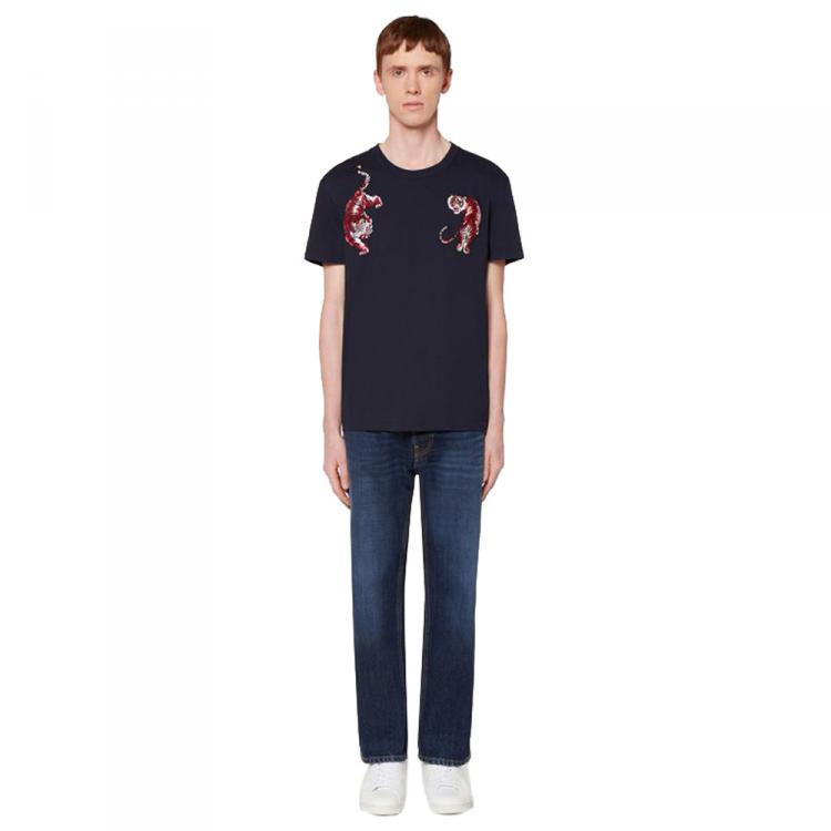 Pre Owned Valentino Dark Blue Cotton Go Tiger Embroidered Crew Neck T Shirt S