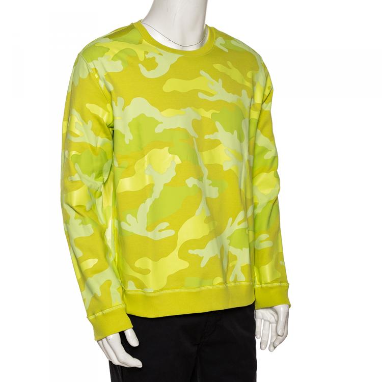 Valentino Neon Yellow Camouflage Print Jersey Crew Neck Sweatshirt 