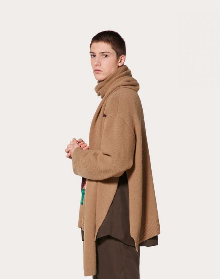 Pre Owned Valentino Brown Wool V Face Rose Embroidery with Scarf Zippered High-Neck Sweater M