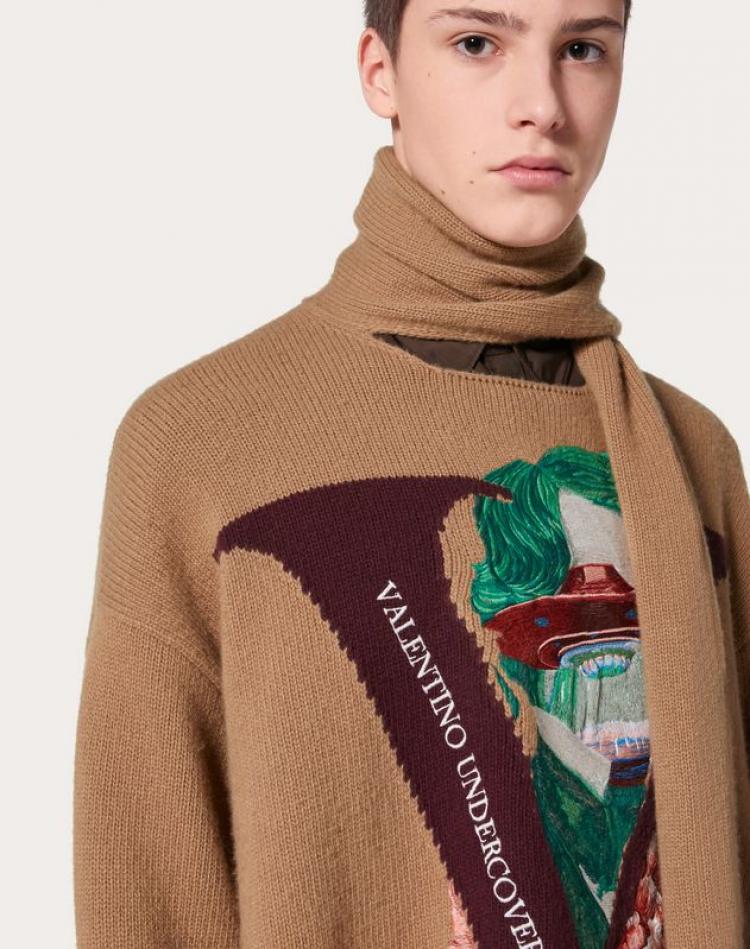 Pre Owned Valentino Brown Wool V Face Rose Embroidery with Scarf Zippered High-Neck Sweater M