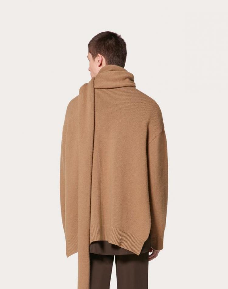 Pre Owned Valentino Brown Wool V Face Rose Embroidery with Scarf Zippered High-Neck Sweater M
