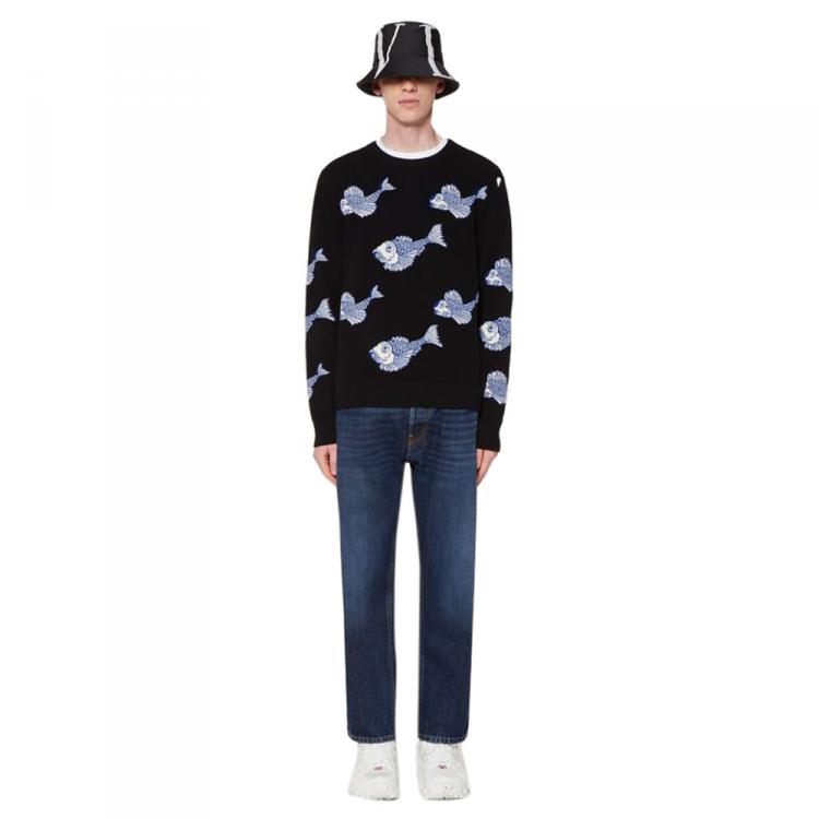 Pre Owned Valentino Black Wool with All Over Fishrain Inlay Crew Neck Sweater M