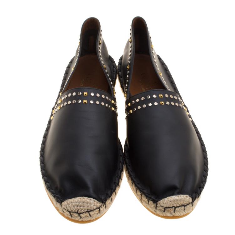 Pre Owned Valentino Black Leather Studded Espadrille Moccasins Size 42