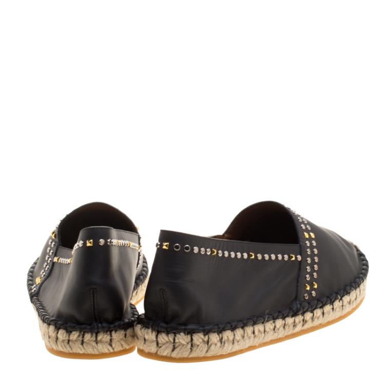 Pre Owned Valentino Black Leather Studded Espadrille Moccasins Size 42
