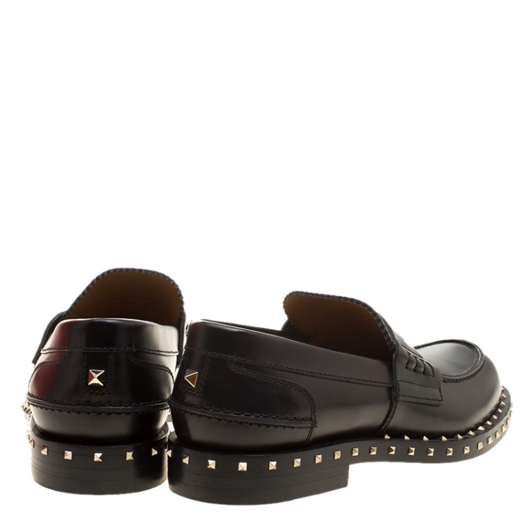 Pre Owned Valentino Black Leather Soul Rockstud Penny Loafers Size 40