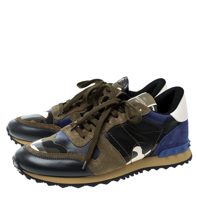Valentino Tricolor Camouflage Leather and Suede Rockrunner Sneakers ...