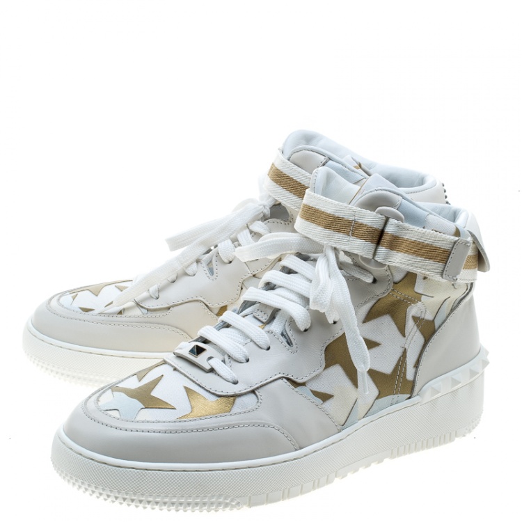 Pre Owned Valentino White Camouflage Canvas and Leather Rolling Rockstud High-Top Sneakers Size 42