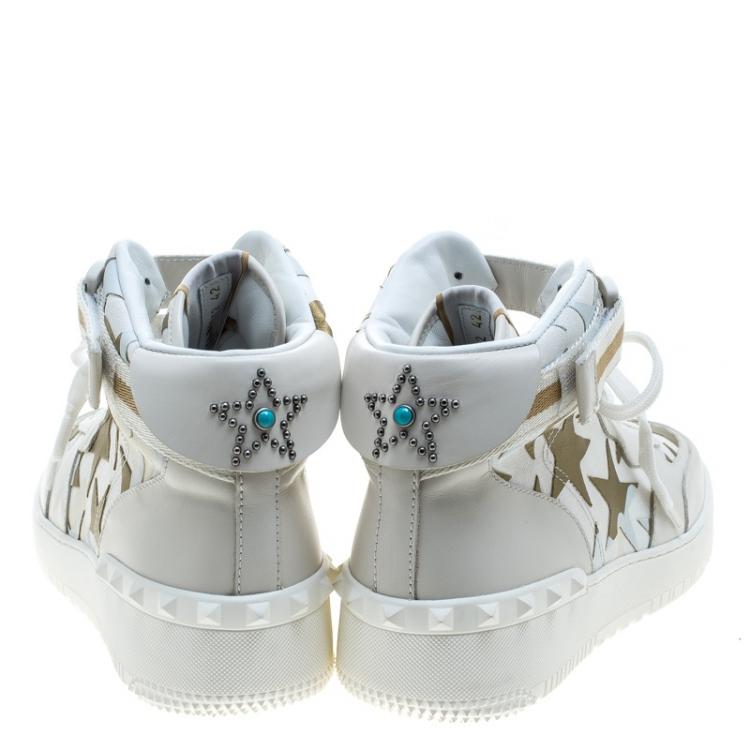 Pre Owned Valentino White Camouflage Canvas and Leather Rolling Rockstud High-Top Sneakers Size 42