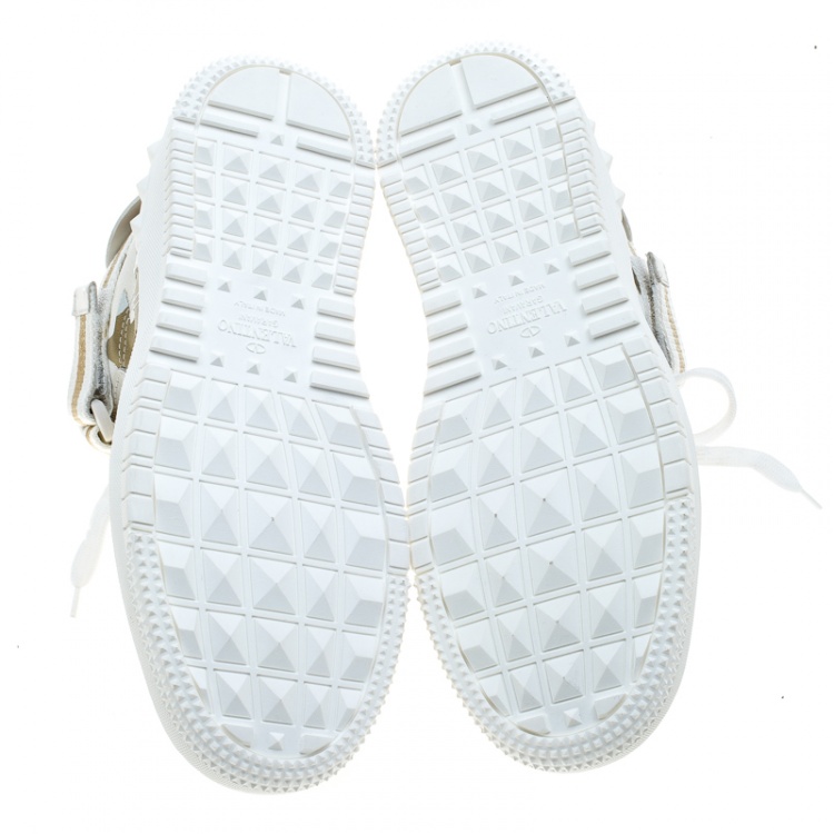 Pre Owned Valentino White Camouflage Canvas and Leather Rolling Rockstud High-Top Sneakers Size 42