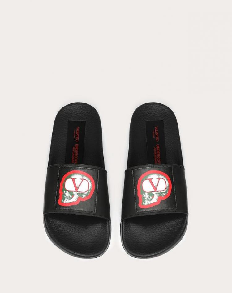 Pre Owned Valentino Black Leather and Rubber Undercover Jun Takahashi Slide Sandals Size 43