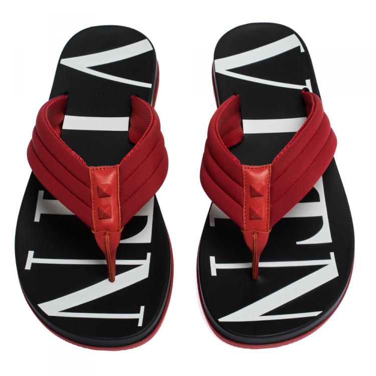 Pre Owned Valentino Red Neoprene and Leather VLTN Flip Flops Size 45