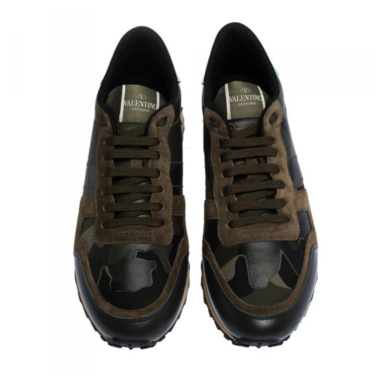 Pre Owned Valentino Military Green Fabric and Leather Camouflage Rockrunner Trainer Sneakers Size 40
