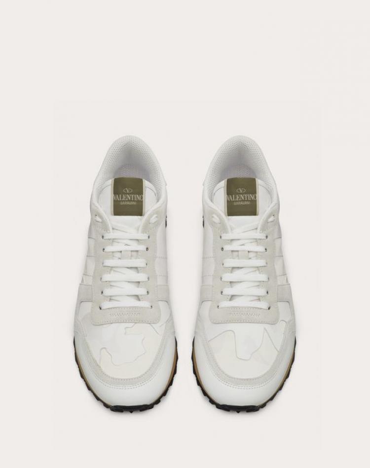 Pre Owned Valentino White Fabric and Leather Camouflage Rockrunner Trainer Sneakers Size 41