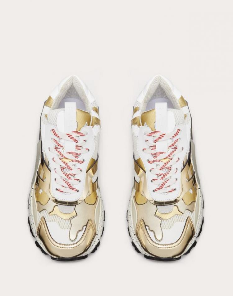 Pre Owned Valentino Platinum Metallic Fabric and Leather Camouflage Bounce Sneakers Size 42