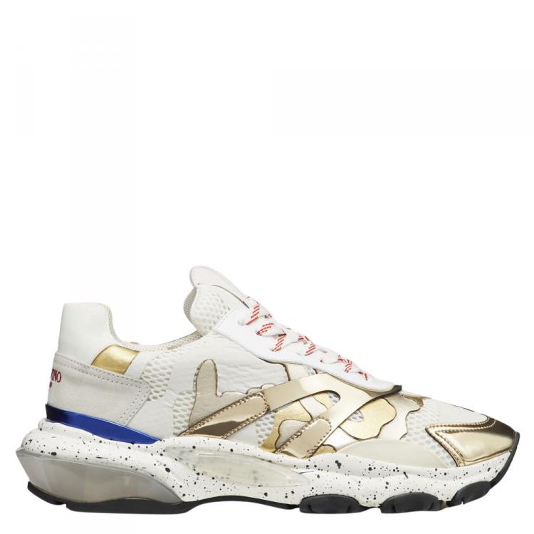 Pre Owned Valentino Platinum Metallic Fabric and Leather Camouflage Bounce Sneakers Size 42