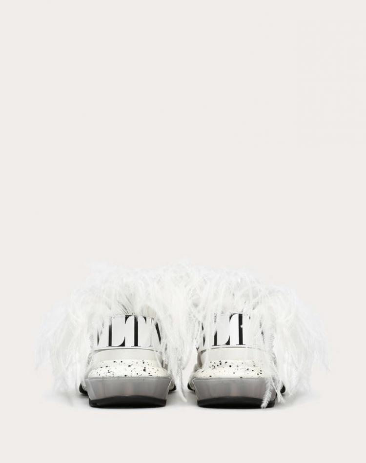 Pre Owned Valentino White/Black Fabric and Leather Camouflage with Feathers VLTN Grid Bounce Sneakers Size 43