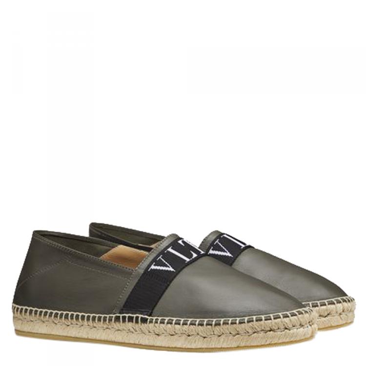 Pre Owned Valentino Military Green Leather VLTN Espadrille Slip On Sneakers Size 41.5