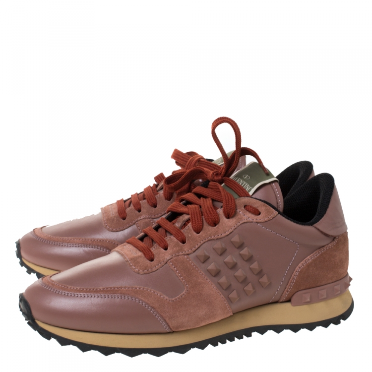 Pre Owned Valentino Pale Brown Leather and Suede Rockrunner Sneakers Size 40