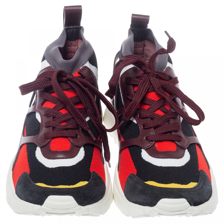 مملوكة مسبقًا Valentino Multicolor Knit And Leather High Top Sneakers Size 41.5