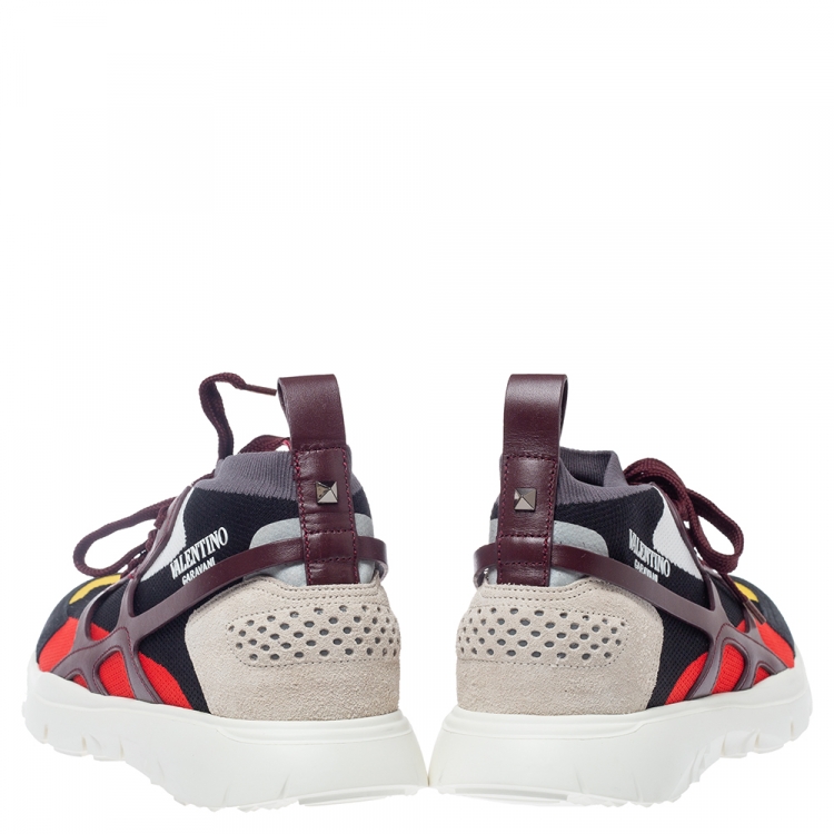 مملوكة مسبقًا Valentino Multicolor Knit And Leather High Top Sneakers Size 41.5