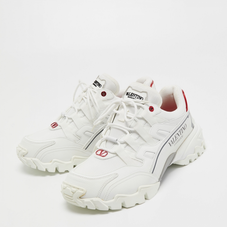 Pre Owned Valentino White Leather and Canvas Climbers Vlogo Sneakers Size 42.5