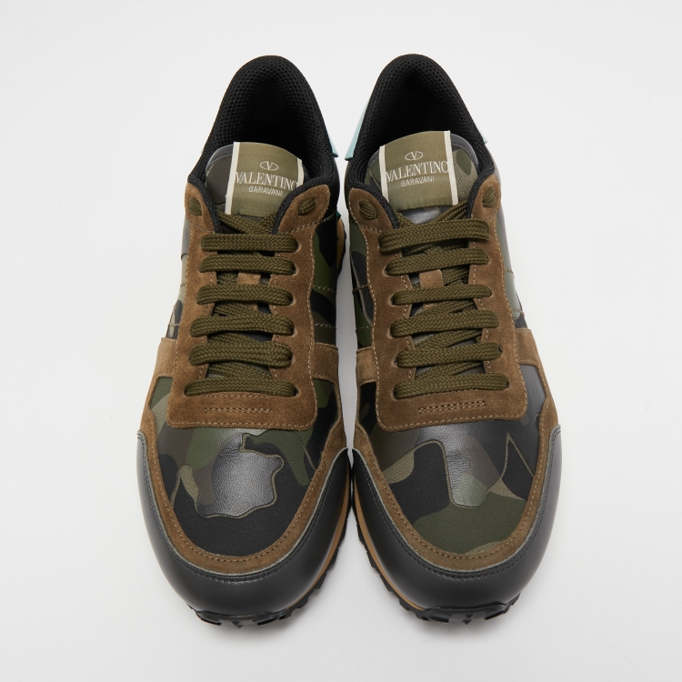 Pre Owned Valentino Multicolor Camo Print Canvas, Leather and Suede Rockrunner Sneakers Size 41