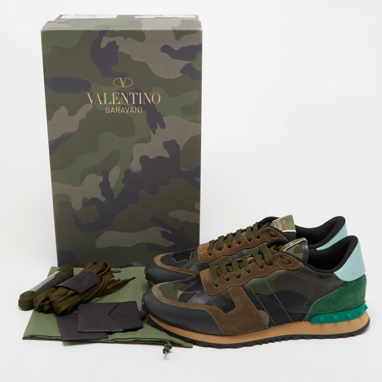 Pre Owned Valentino Multicolor Camo Print Canvas, Leather and Suede Rockrunner Sneakers Size 41