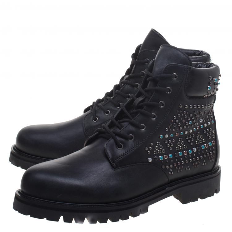 Pre Owned Valentino Black Leather Rolling Rockstud Dreamer Combat Boots Size 44